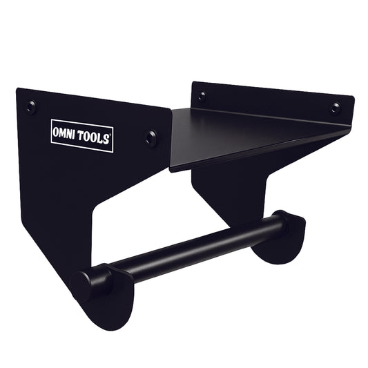 OMNI TOOLS black metal wall-mounted shelf with integrated rod and upper slotted tray, designed for workshop tool organization.