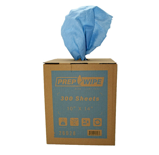 Box of LFW26028 Prep Wipe lint-free blue wipes, 10"x14", with center-pull dispensing for professional surface cleaning.