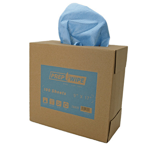 Box of LFW26019 Prep Wipe lint-free blue wipes, 9"x17", with center-pull dispensing for professional surface cleaning.