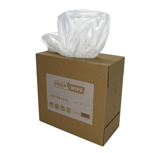 Box of LFW26020 white lint-free Prep Wipe sheets, 9"x17", with center-pull dispensing for automotive and industrial surface preparation.