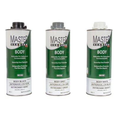 MST.34-300N Grey Stonechip Coating – 1kg can labeled “BODY GREY,” part of Master Service’s overpaintable underbody protection series.