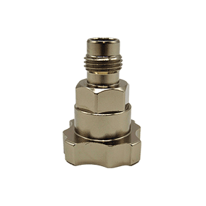 Shiny metallic spray gun adapter with rounded hex body – model ADP43 for IWATA guns