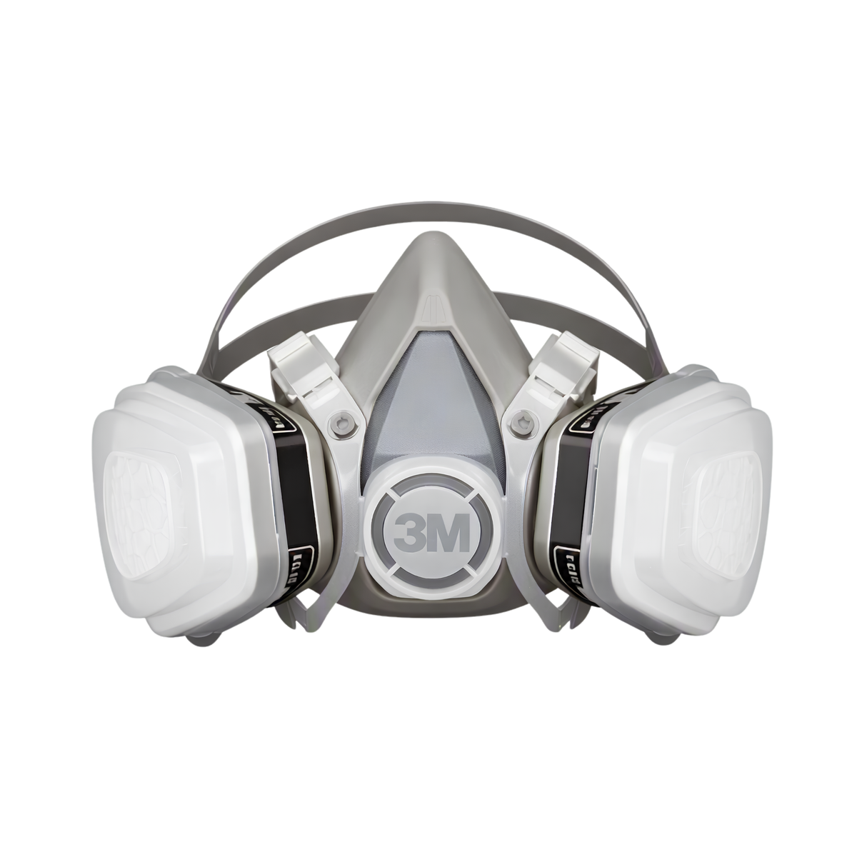A 3M half-face respirator mask with two white filter canisters attached on either side, shown against a plain white background.