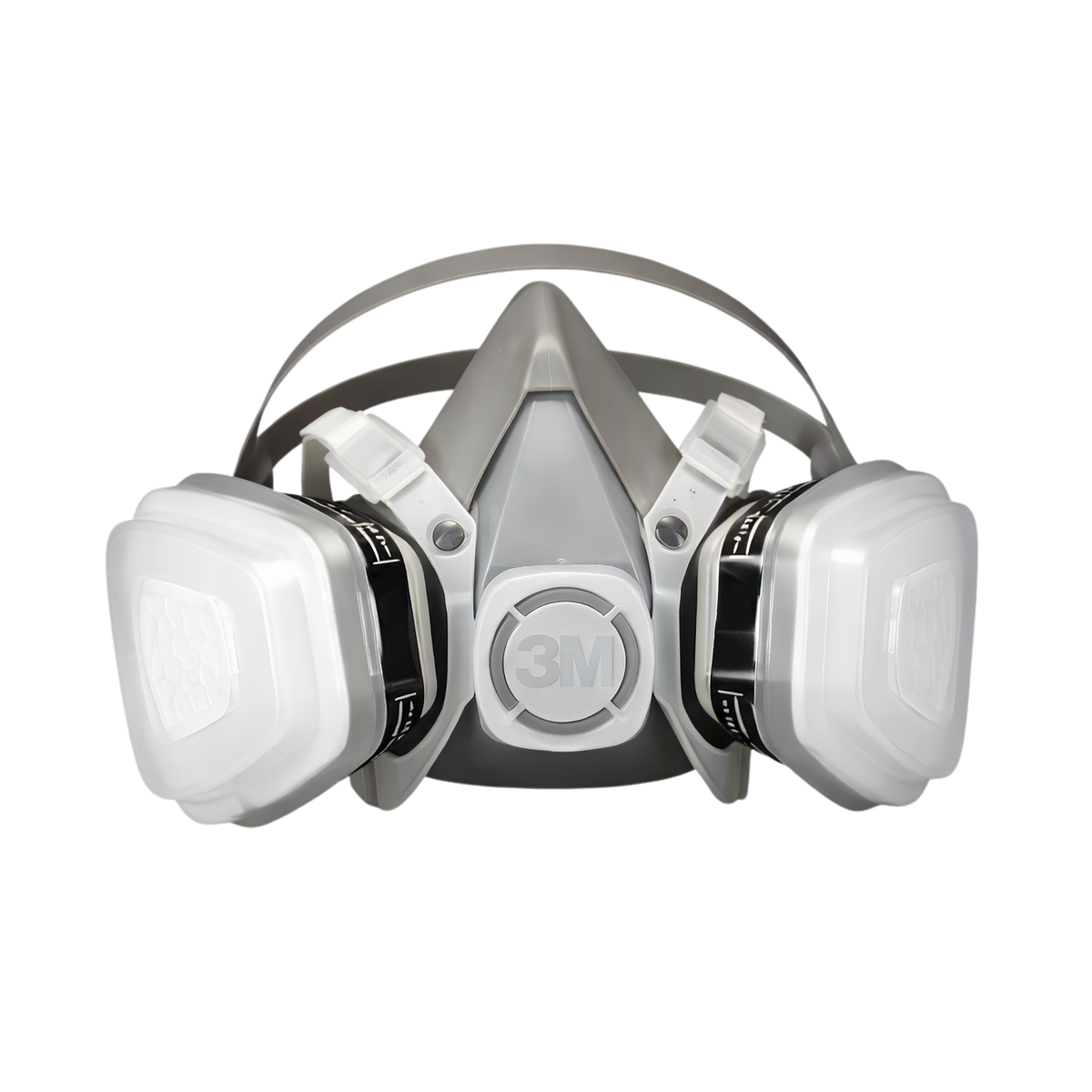 A 3M half-face respirator mask with two white filter canisters attached to the sides, shown against a plain white background.