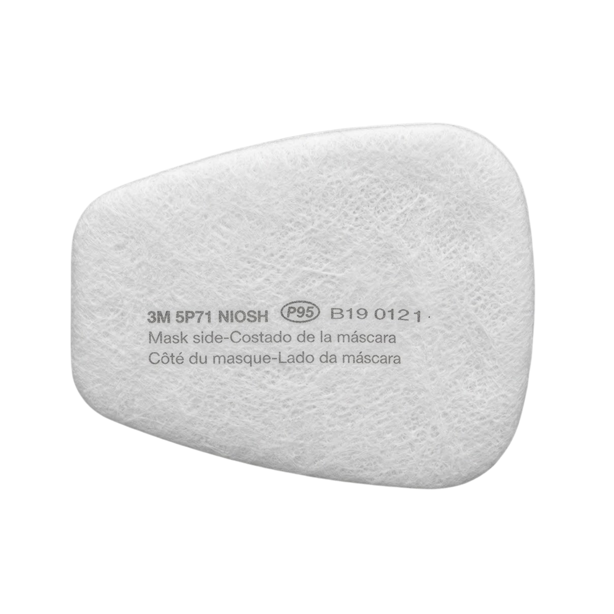 A single white 3M NIOSH mask filter cartridge with printed black text specifications, shown on a solid white background.