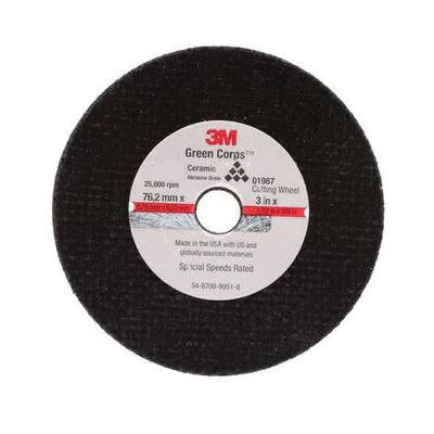 3M 1987 Green Corps ceramic cutoff wheel, 3 inch diameter with 1/32 inch thickness and 3/8 inch arbor hole, designed for fast and precise metal cutting