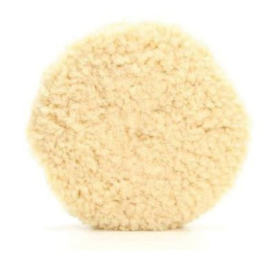 Front view of a 9-inch beige 3M 33280 double-sided wool polishing pad with thick wool fibers, shown on a white background