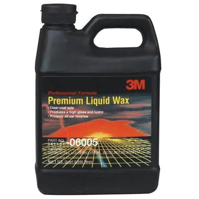 3M 06005 Premium Liquid Wax in a 32 oz black bottle, designed to deliver a high gloss and protective finish for all car paint surfaces, including clear coats.
