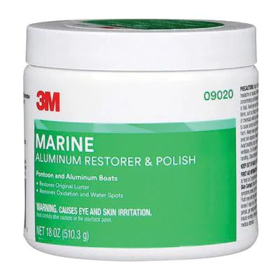 3M 9020 Marine Aluminum Restorer and Polish – 18oz white bottle with green label, designed to remove oxidation and restore shine to aluminum boat surfaces.