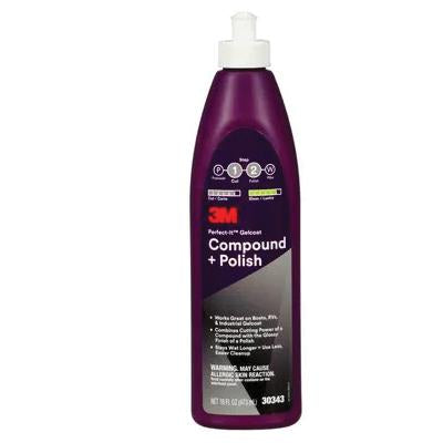 1-gallon bottle of 3M 30345 Perfect-It Compound and Polish with purple label and white dispenser cap, designed for gelcoat surface restoration