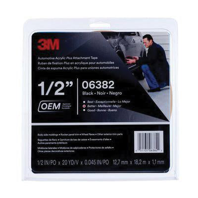 3M 06382 Automotive Acrylic Plus Attachment Tape – 1/2 in x 20 yd | Dual-Adhesive Black Foam Tape
