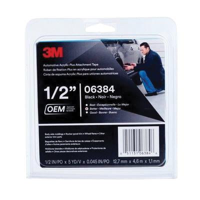 3M Automotive Acrylic Plus Attachment Tape 06384, a high-performance double-sided adhesive tape designed for secure bonding of automotive trim and exterior components, ensuring strong adhesion and durability.