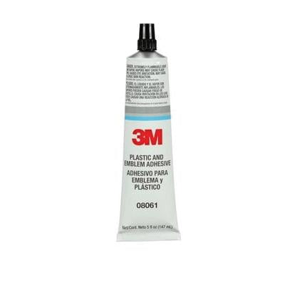 3M 08061 Plastic and Emblem Adhesive, 5 oz clear tube designed for bonding automotive emblems, trim, and rigid plastic parts, suitable for interior and exterior applications.