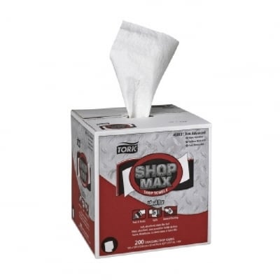 Tork ShopMax 450137 Heavy-Duty Centerfeed Wiper (9" x 216.67 ft, 200 Sheets), a high-performance industrial cleaning towel designed for efficient oil, grease, and liquid absorption, ensuring superior strength and controlled dispensing.