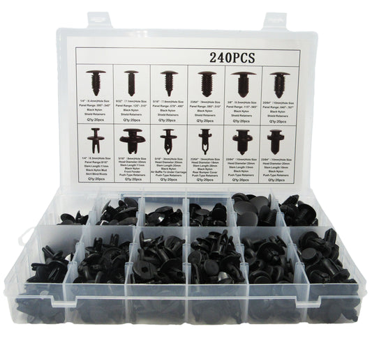 Box set of 240 assorted automotive moulding clips and fasteners in labeled compartments for car trim and panel repair