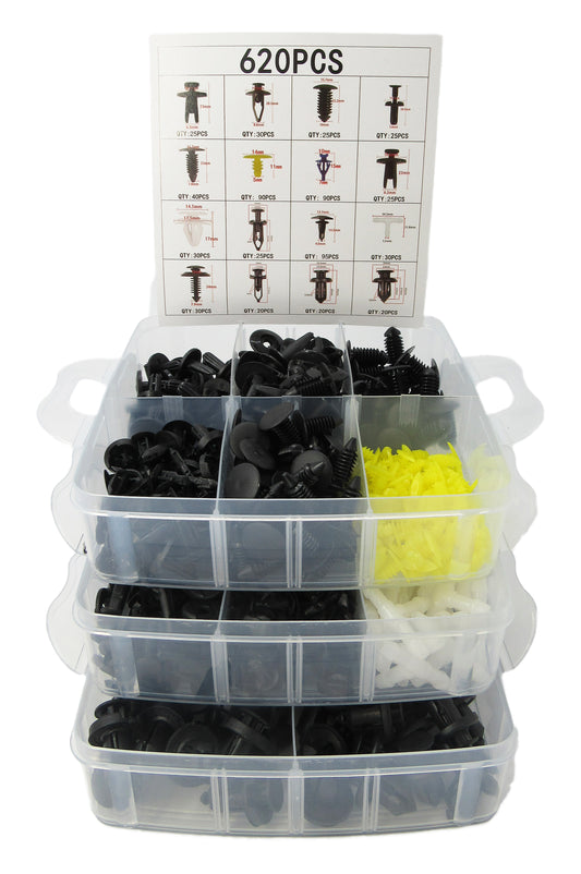 SPC-9054 Star Popular Car Clip Set D (Box of 620), a comprehensive fastener kit designed for secure and reliable automotive trim attachment with organized storage and durable construction.