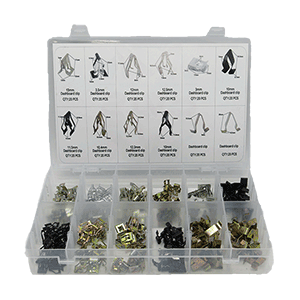 Box set of 240 assorted automotive moulding clips and fasteners in labeled compartments for car trim and panel repair