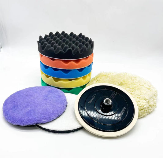 PPS1689 7" Buffing Compounds Kit, a comprehensive 9-piece set designed for high-performance polishing, cutting, and refining finishes, ensuring optimal compound application for superior restoration.