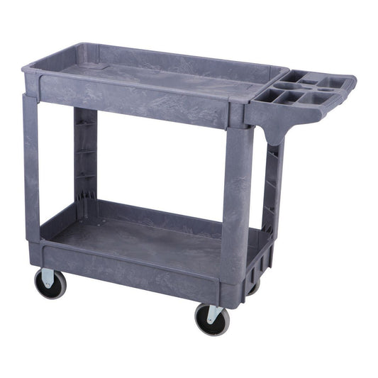 Gray IPSC 1683 industrial polypropylene service cart with two shelves, integrated tool handle, and four swivel casters for mobility