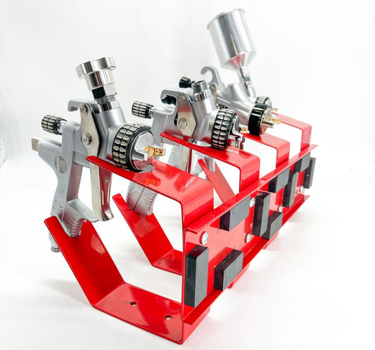 SGH-5778 Spray Gun Holder, a heavy-duty magnetic stand designed to securely hold up to four gravity-feed spray guns, ensuring organized storage and workspace efficiency.