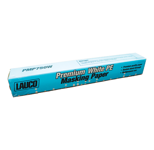 PMP750W-18 White PE Masking Paper (18 Inches x 750 Inches), designed for automotive, industrial, and refinishing applications, ensuring superior bleed-through resistance, excellent adhesion, and durability.