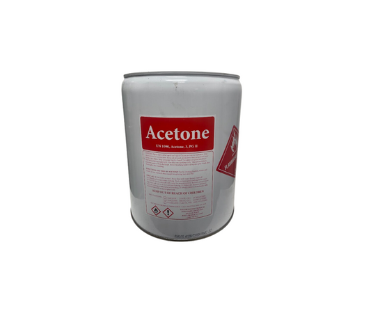 Five-gallon metal drum of acetone with red and white label