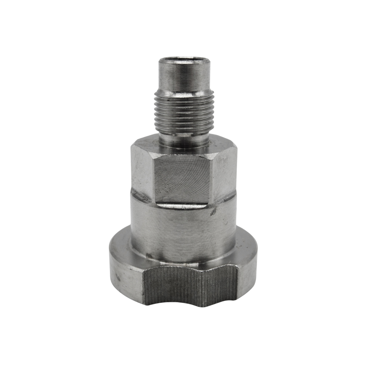 A stainless steel metal adapter with a hexagonal body, a threaded male connector at the top, and a flat hexagonal base, shown on a plain white background.