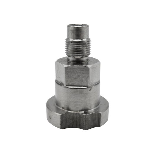 A stainless steel metal adapter with a hexagonal body, a threaded male connector at the top, and a flat hexagonal base, shown on a plain white background.