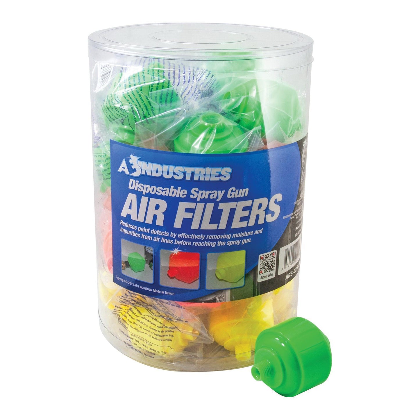 AES 323-25 disposable spray gun air filters 25-piece cookie jar display in neon green, orange, and yellow