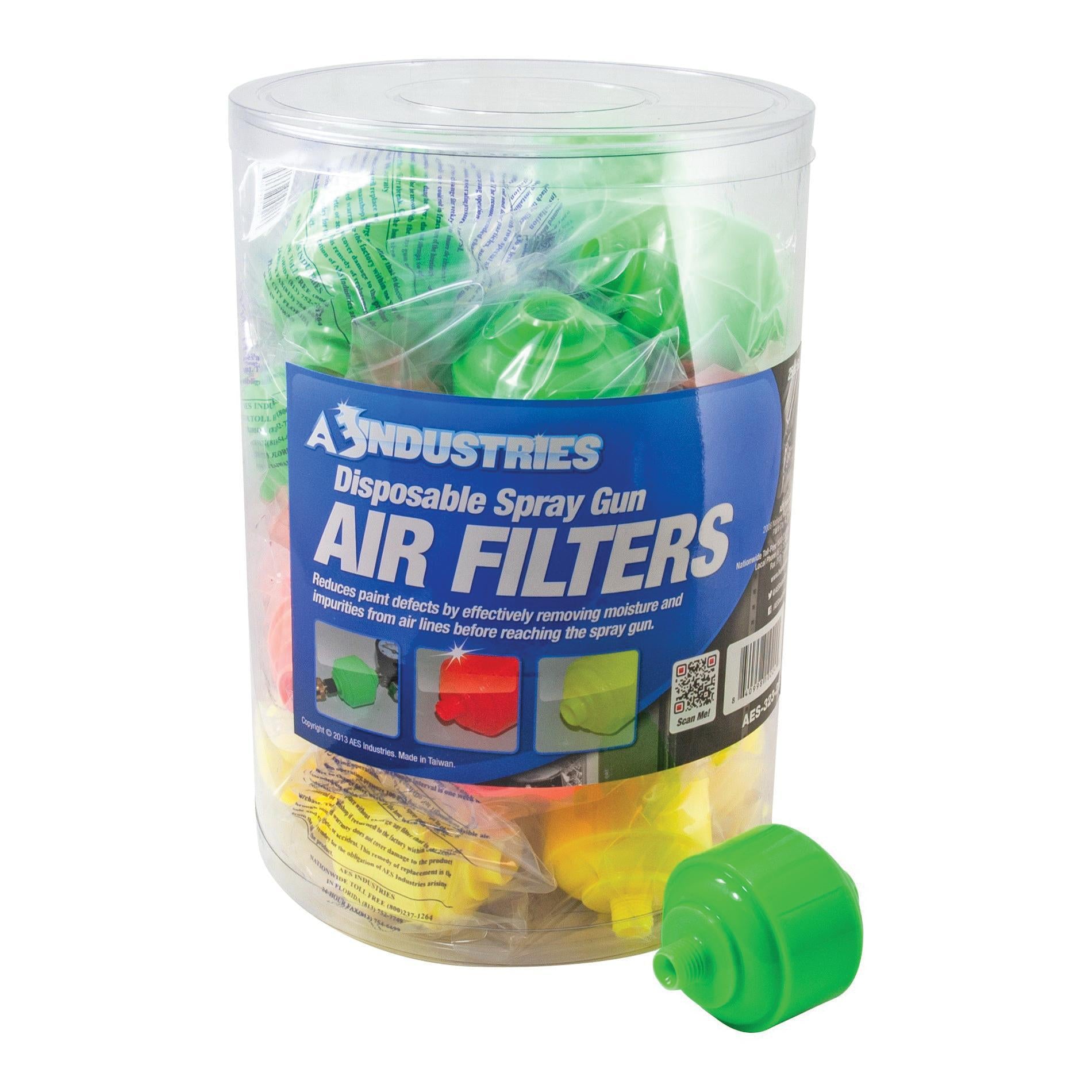 AES 323-25 disposable spray gun air filters 25-piece cookie jar display in neon green, orange, and yellow