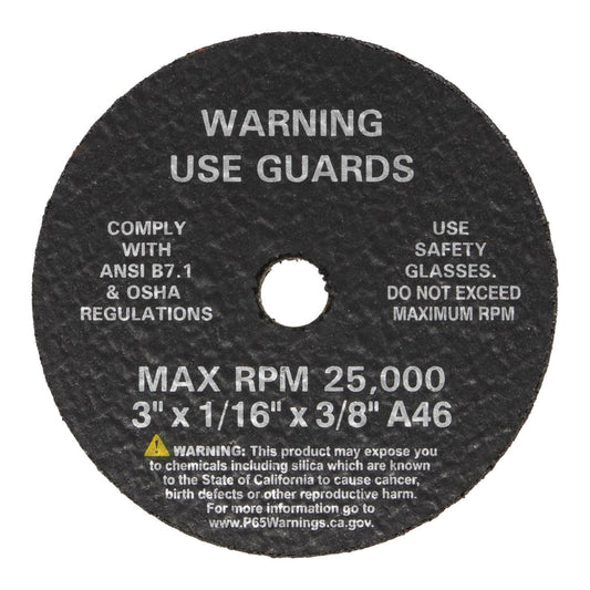 AES 3805 cut off wheel 3 inch x 1ll16 inch x 3ll8 inch black disc with safety warning and ANSI compliance