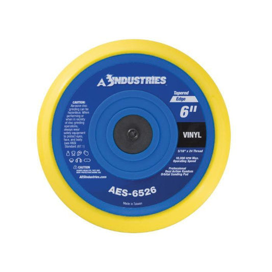AES 6526 6 inch yellow and blue PSA backing pad with tapered edge and 5/16"-24 thread for orbital sanders