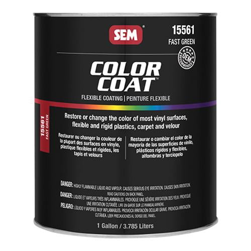 SEM 15561 Fast Green Color Coat (1 Gallon), a fade-resistant, flexible coating designed to restore or change the color of vinyl, plastic, carpet, and velour, ensuring superior adhesion and durability.