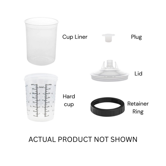 DPC Disposable Paint Cup Each with liners, lids, filters, and measuring cups – available for automotive and industrial spray painting