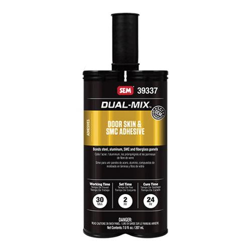 SEM 39337 Door Skin and SMC Adhesive Kit (7 oz), a two-component epoxy adhesive designed for bonding steel, aluminum, fiberglass, and SMC panels, ensuring strong adhesion, excellent corrosion protection, and extended durability.