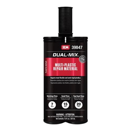 SEM 39847 Dual-Mix Multi-Plastic Repair Material (7 oz Cartridge, Gray), a two-component epoxy designed for fast repairs on virtually all flexible and semi-rigid plastic bumper covers, ensuring exceptional adhesion, flexibility, and durability.