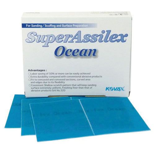 Kovax Super Assilex Ocean Sheets (Box of 25), ultra-flexible sanding sheets designed for precision surface preparation and finishing, ensuring fast and uniform coverage with minimal scratches.