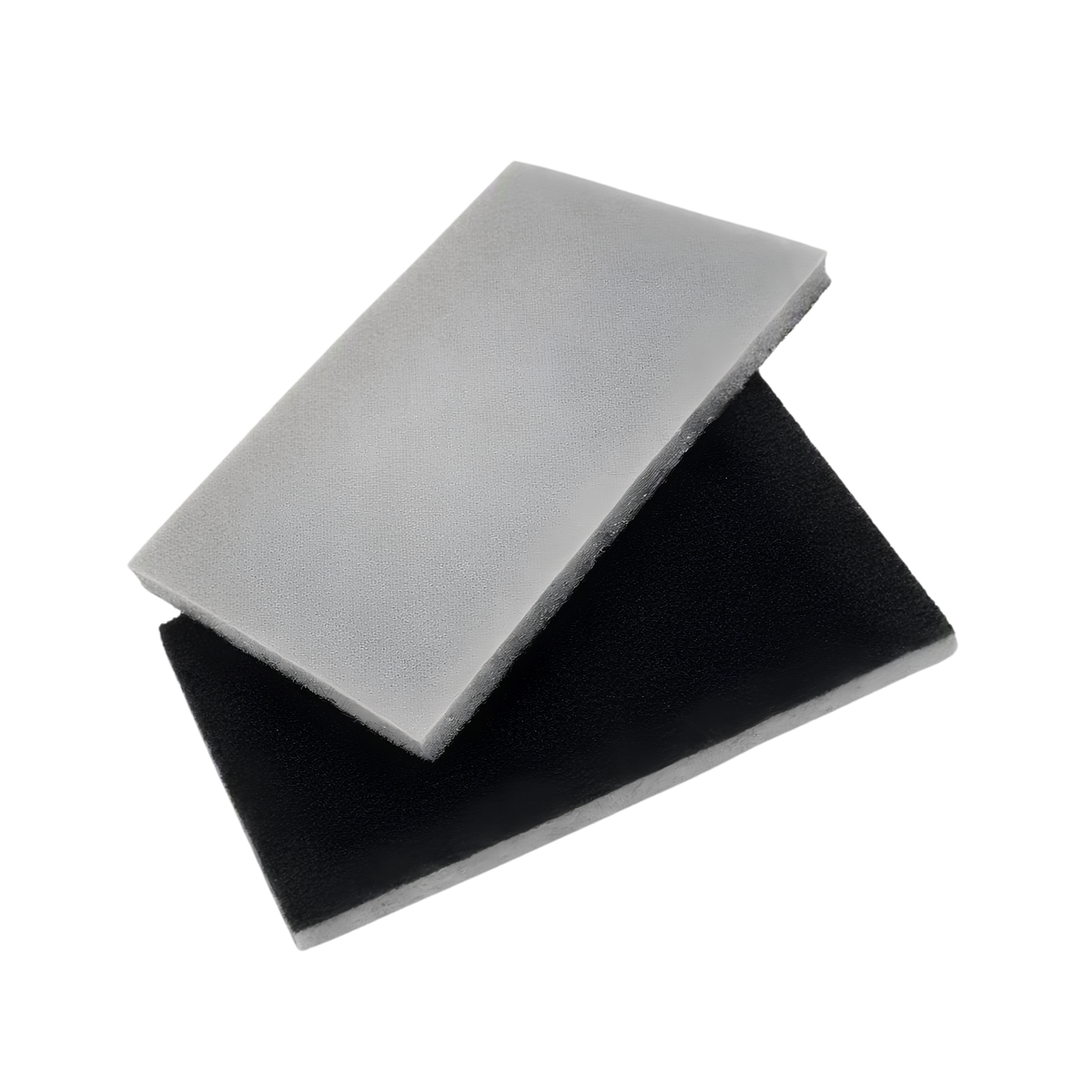 Two rectangular foam filter pads stacked diagonally, one in light gray and one in black, on a plain white background.