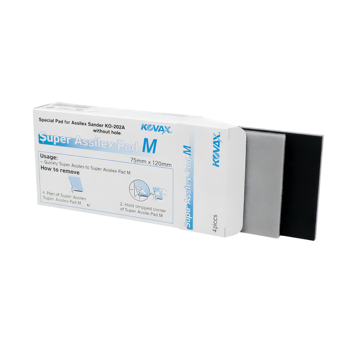 A box of Kevax Super Assflex Pad M adhesive pads shown on a white background, with one black pad partially pulled out of its packaging.