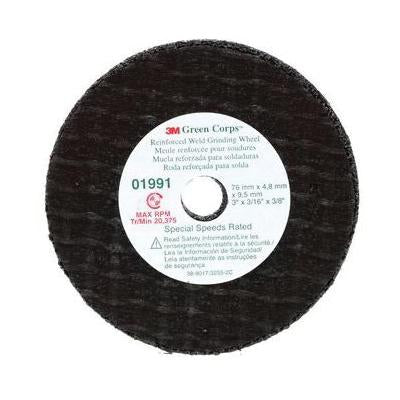 Box of 5 3M 1991 Green Corps cutoff wheels with ceramic abrasive, each measuring 3 inches by 3/16 inch thick and 3/8 inch arbor, built for heavy-duty metal cutting