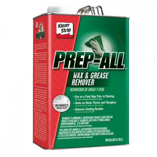 One-gallon can of Klean-Strip Prep-All Wax and Grease Remover in white and red packaging, formulated for metal, plastic, and fiberglass surface cleaning before painting