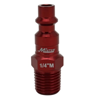 MI 727MC M-Style Short Male Plug, 1/4-inch NPT, red anodized aluminum pneumatic fitting designed for high-pressure air tool connections.