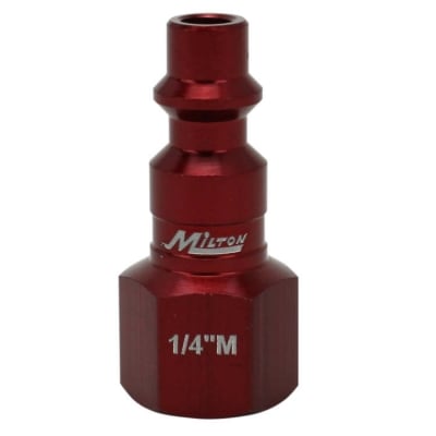MI 728MC M-Style Short Female Plug, 1/4-inch NPT, red anodized aluminum pneumatic fitting designed for high-pressure air tool connections.