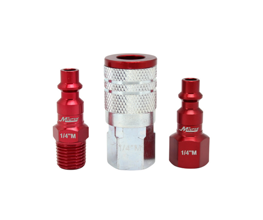 MIS 303M Kit Short Coupler Plug Kit Red, M-Style anodized aluminum and steel coupler and plug set designed for high-pressure air tool connections.