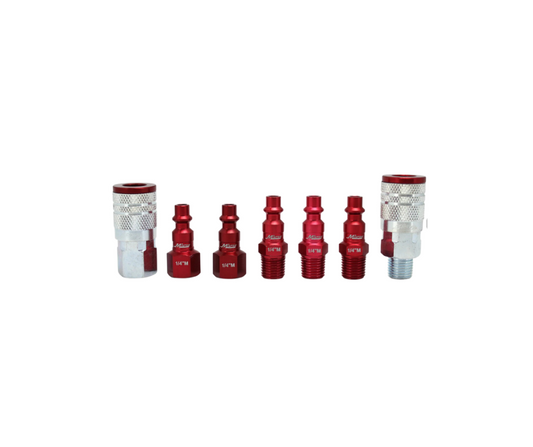 MIS 307M Kit Short Coupler Plug Kit Red, M-Style anodized aluminum and steel coupler and plug set designed for high-pressure air tool connections.