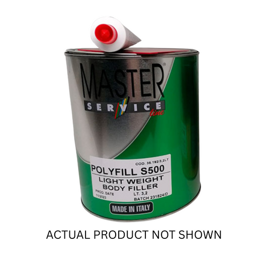 MST.35-192 Polyfill S500 – Case of four 3.2L cans of lightweight body filler with green and silver design, red cap, labeled “Made in Italy.”