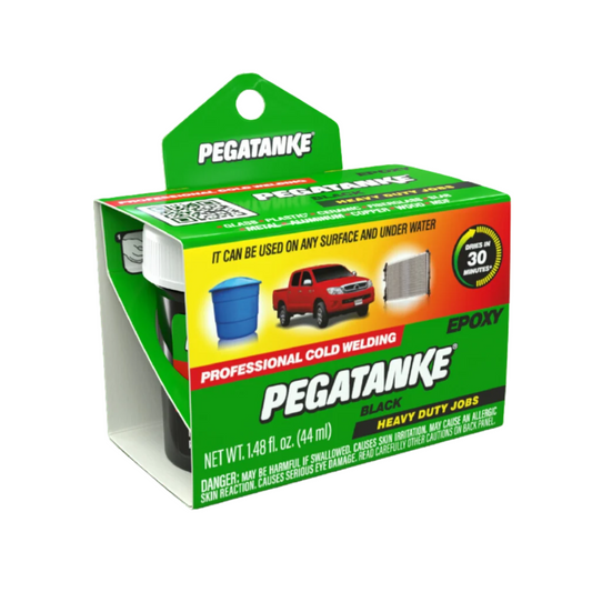 Box of Pegatanke Black Epoxy Professional Cold Welding, 1.48 fl oz (44 ml), for heavy duty jobs. The packaging is green with images of a plastic barrel, red truck, and radiator, emphasizing use on any surface and underwater. The front highlights ‘Dries in 30 Minutes’ and safety warnings