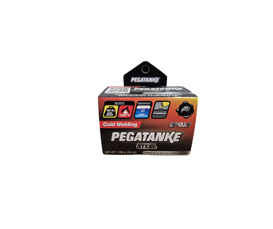 PEGATANKE Epoxy Steel – high-performance cold welding adhesive in a 1.48 OZ container, designed for heavy-duty repairs on metal, plastic, wood, and ceramics.