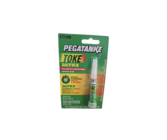 PEGATANKE Toke Ultra Instant Glue – high-performance cyanoacrylate adhesive in a 0.09g container, designed for rapid bonding on metal, plastic, wood, and ceramics.