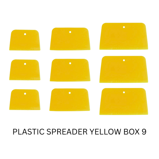 Ye/ow plastic spreader – flexible applicator for body fi/er and glazing in vehicle repair.